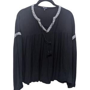 Madewell Peasant Boho Notch Neck Tassel Cord Long Sleeve Monochrome Top (S)
